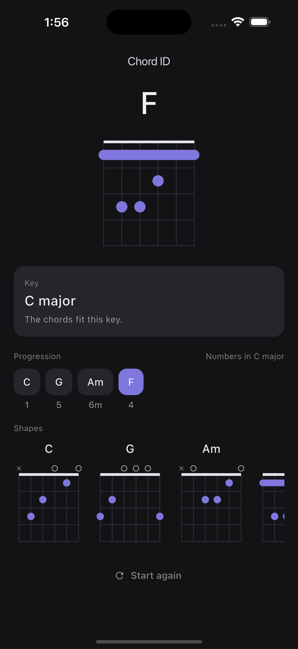 Chord recognition showing a progression, its key, and chord charts.