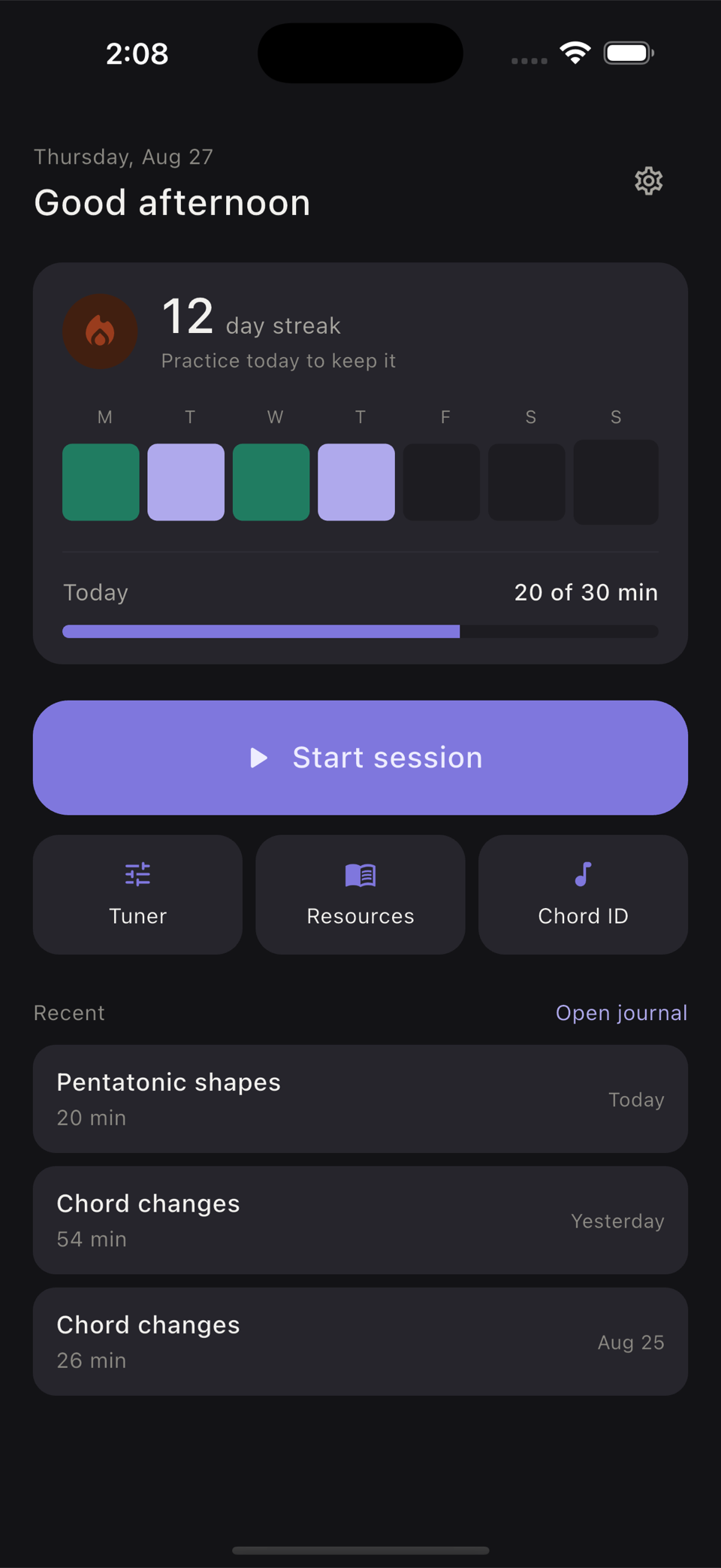 The Interval home screen, showing a practice streak, the week so far, and a suggested plan for today.