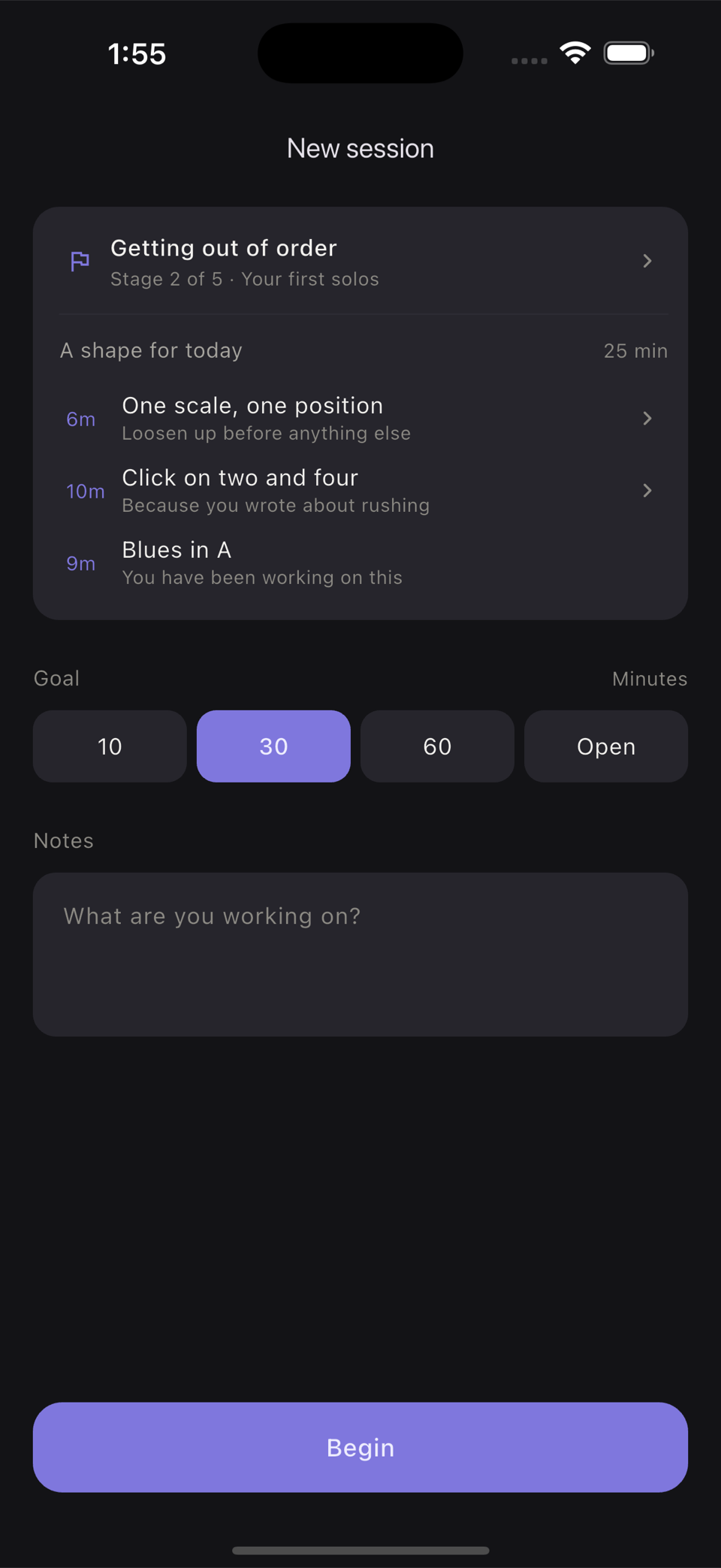 Starting a session, with a suggested plan for today above the length options.