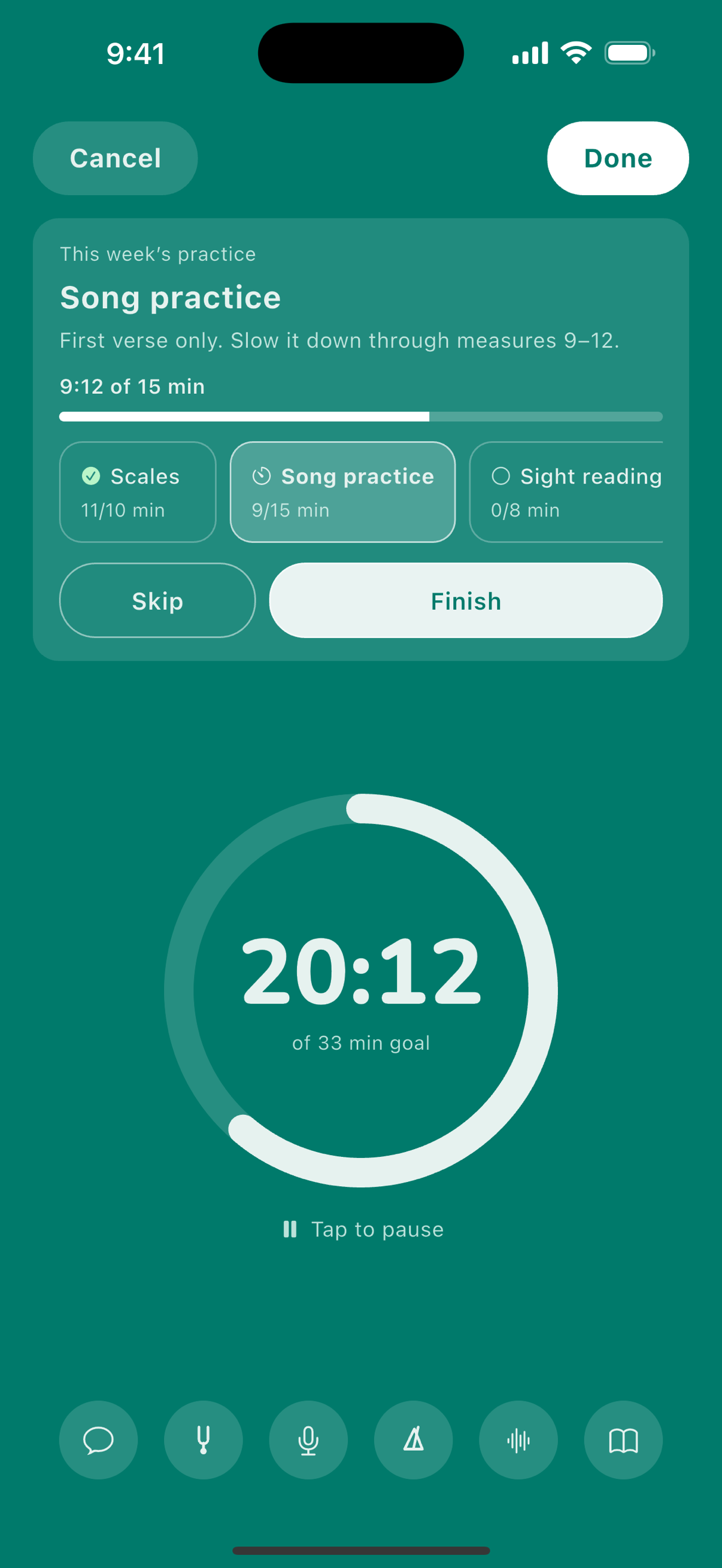 A practice session following an assigned plan: the current task with its own timer and target, a row of tasks to move between, and the session ring below.