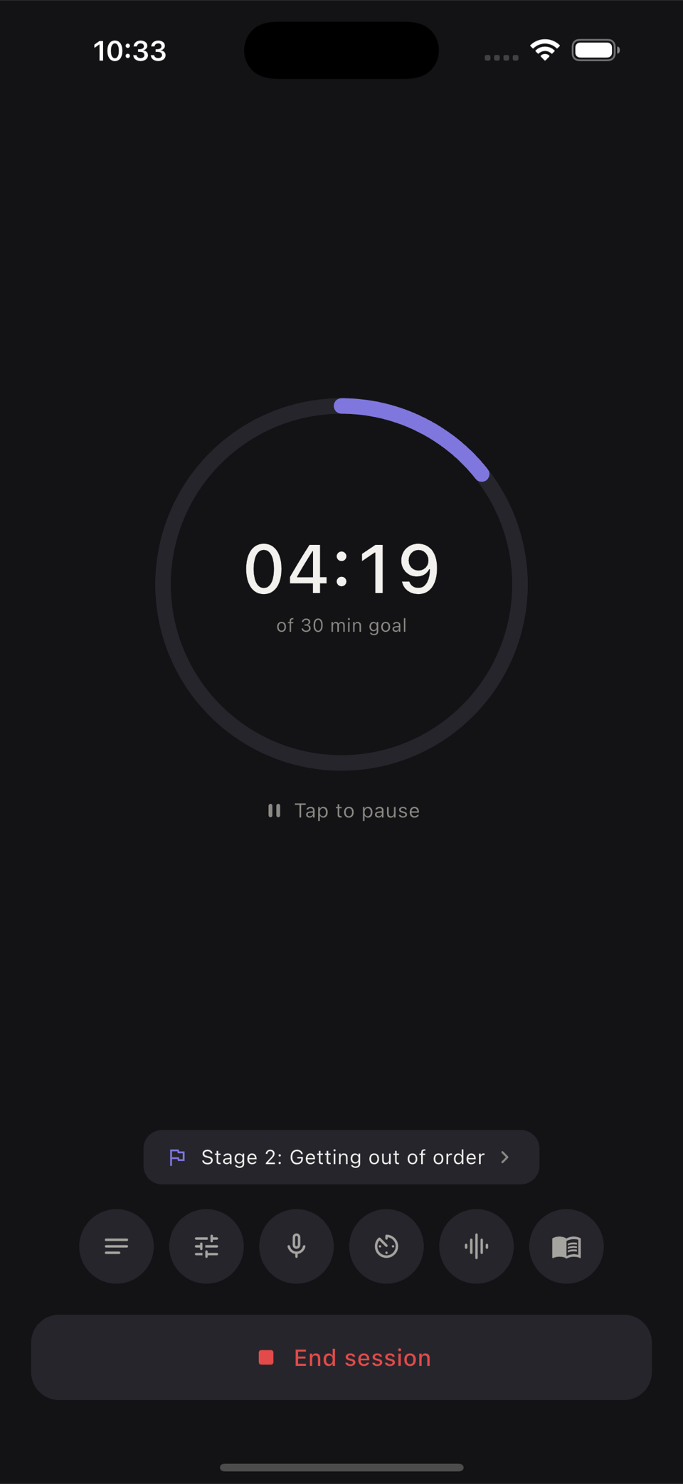 A running practice session with a timer and a row of tools.