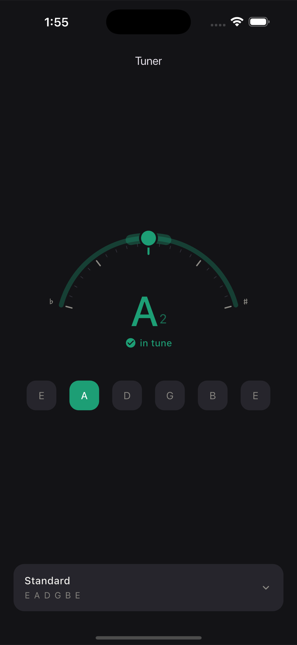 The tuner showing an A in tune.